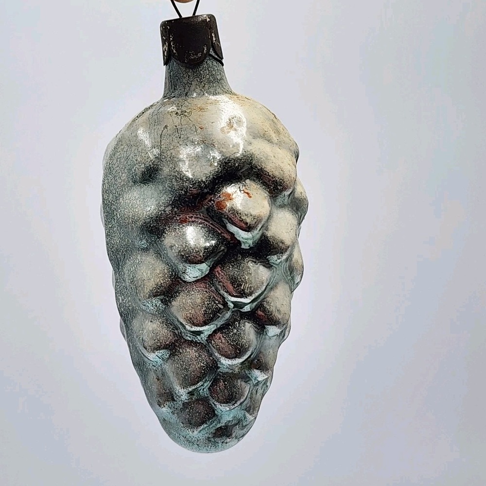 Vintage Glass Bumpy Snowy Embossed Pinecone Christmas Ornament Blue Timeless